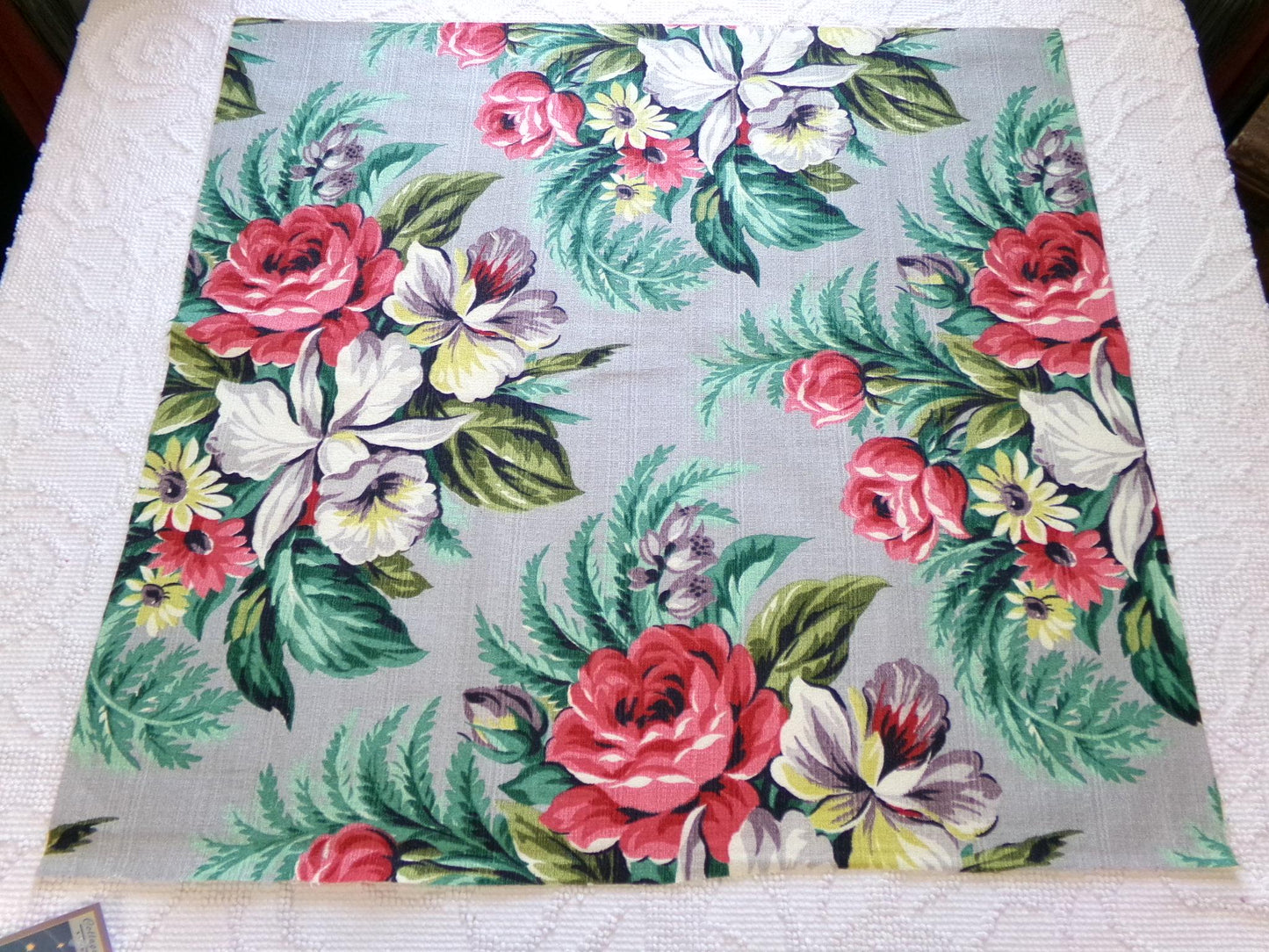 Botanical Vintage Barkcloth Fabric, Tropical Exotic Floral Print on Silvery Grey, 22" x 23" inches, Ideal Fabric Piece for Pillows