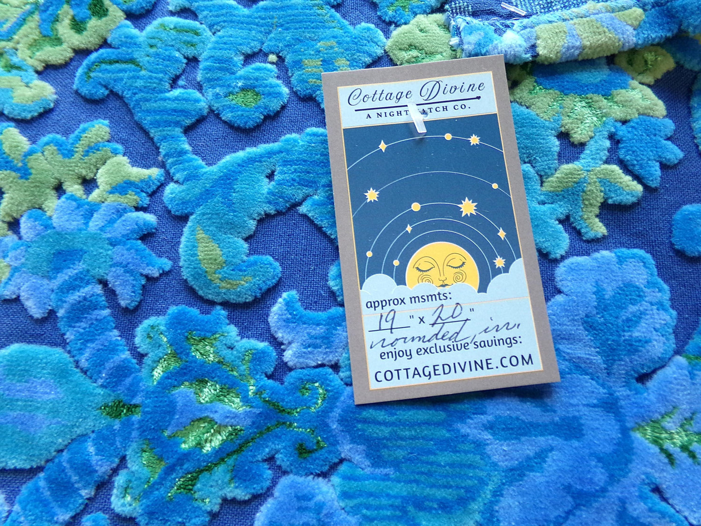 cosmic blue vintage cut velvet fabric, celestial Bates tapestry chenille, 20" x 19" inch ROUNDED piece, sewing material for boho bags