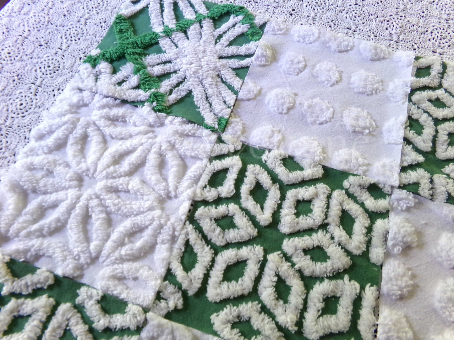 winter's enchantment vintage chenille fabric squares, set of 16 green & white quilting blocks, 6" each for patchwork pillows, quilt inlays