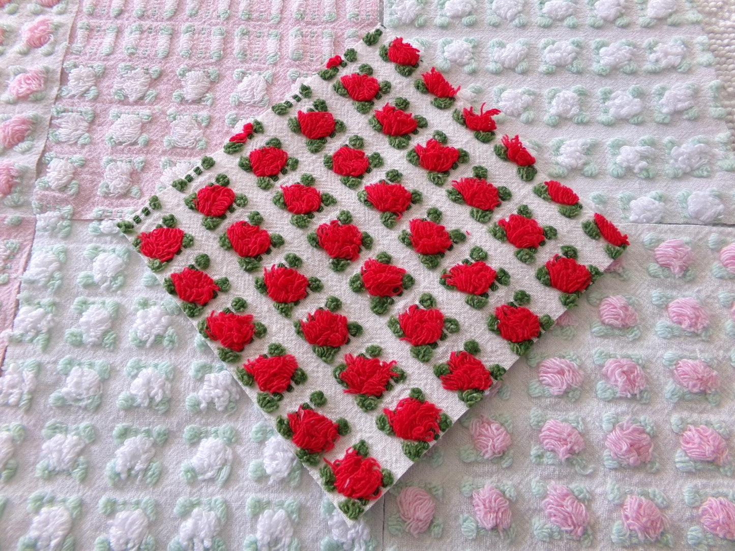 valentine rosebuds vintage chenille fabric squares, gorgeous medley of pink, red, white roses, set of 16 quilt blocks, 6" x 6" inch