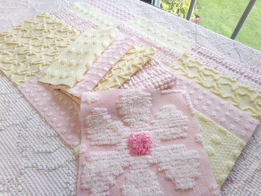 celebrate spring vintage chenille fabric squares, set of 17 pink & yellow 6" blocks for crafts, sewing
