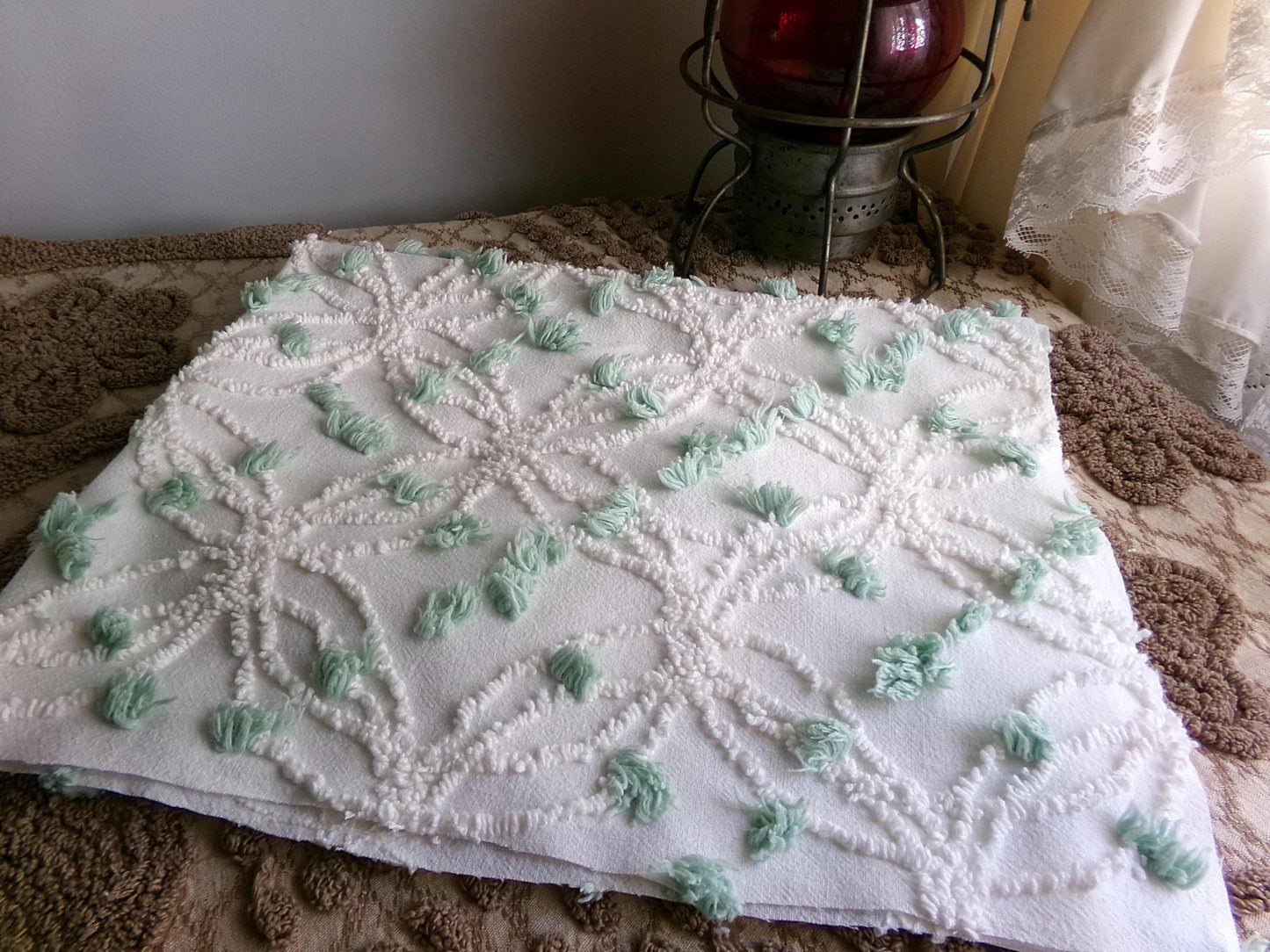 Breezy White Vintage Chenille Fabric, 15" x 25" Piece, Needletuft Wedding Rings with Mint Green Pops