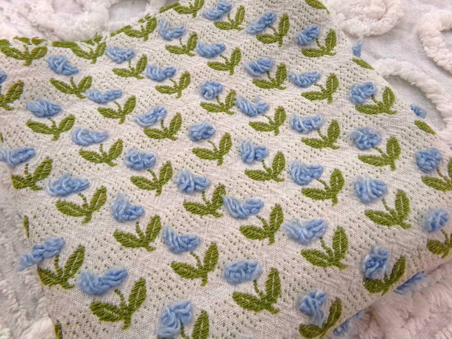 Tulip Garden Vintage Chenille Bedspread Fabric, Little Blue Flowers & Green Leaves, 12" x 24" inch Piece, Sewing Material for Quilts, Crafts