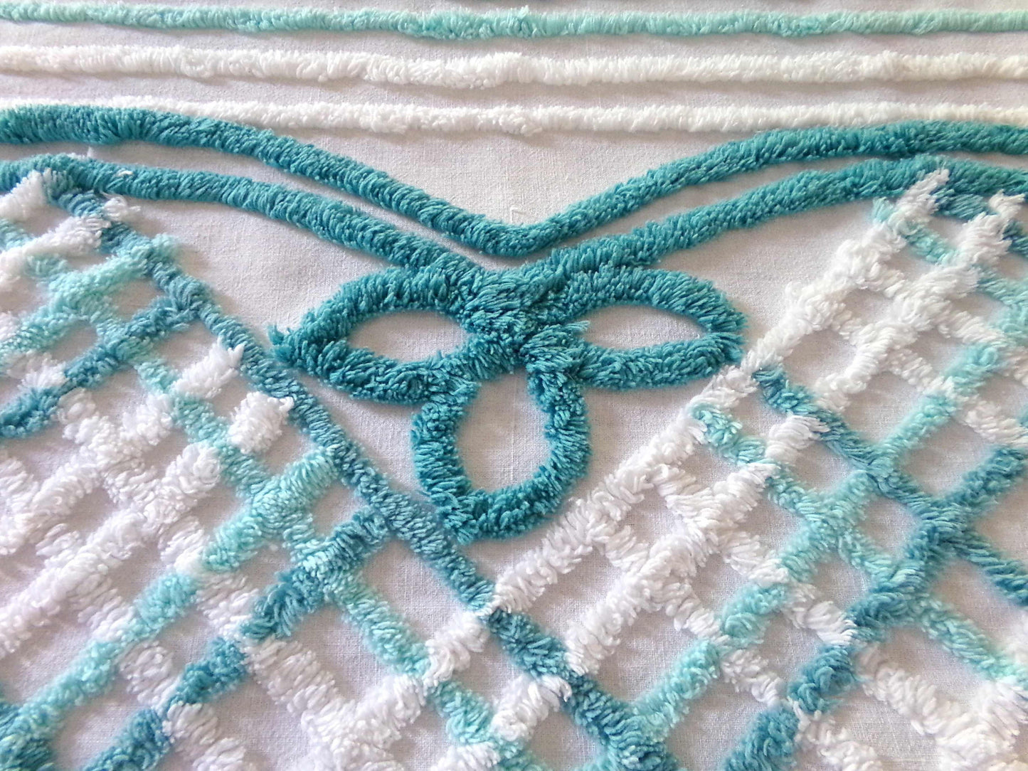 Pretty Vintage Chenille Fabric with Cottage Bow Swags, 24" x 25" inch Piece, 100% Cotton, Tonal Green & White