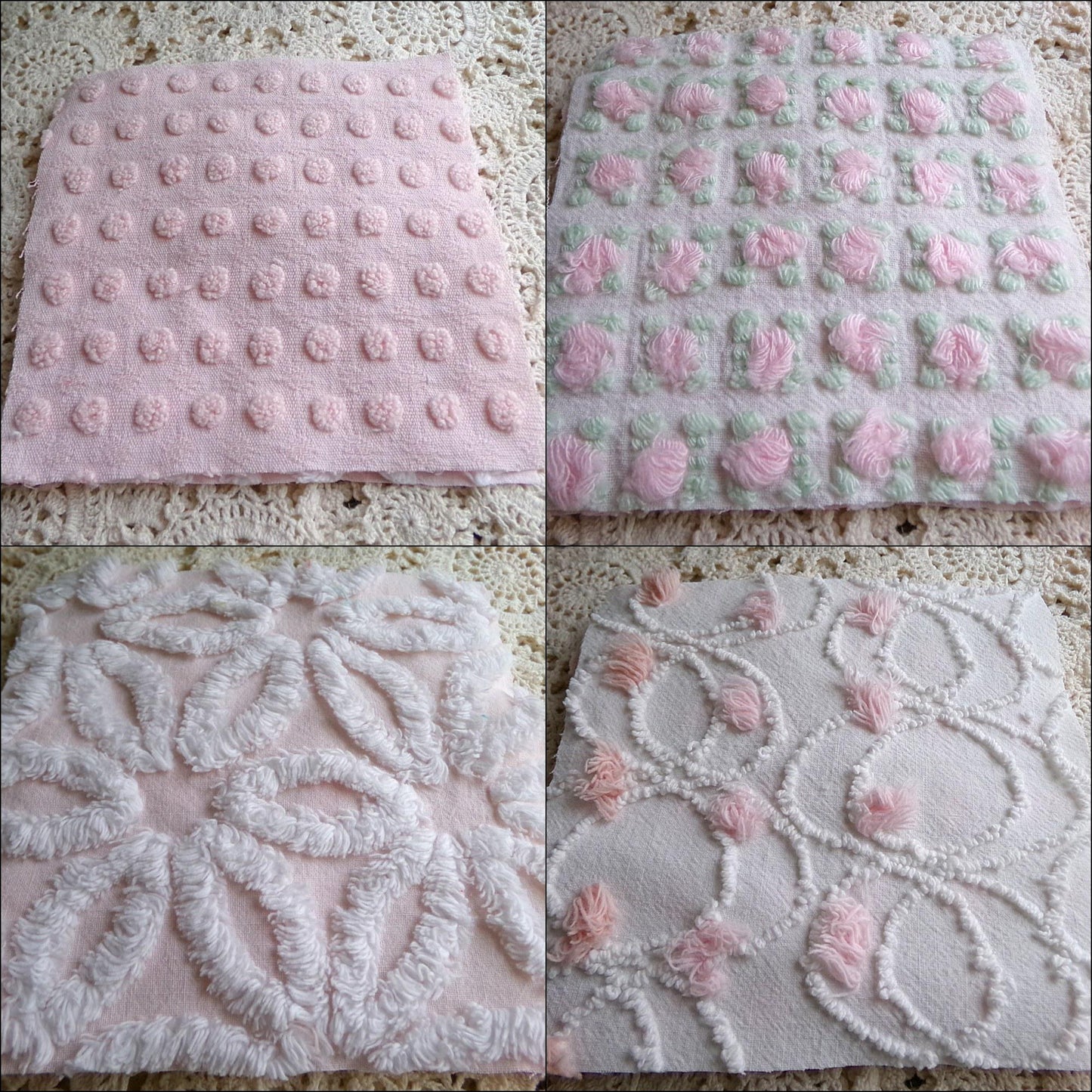 cottage garden chenille fabric squares, vintage craft square set of 17 quilt blocks, 6" x 6" inch, ideal in handmade chenille quilts, crafts