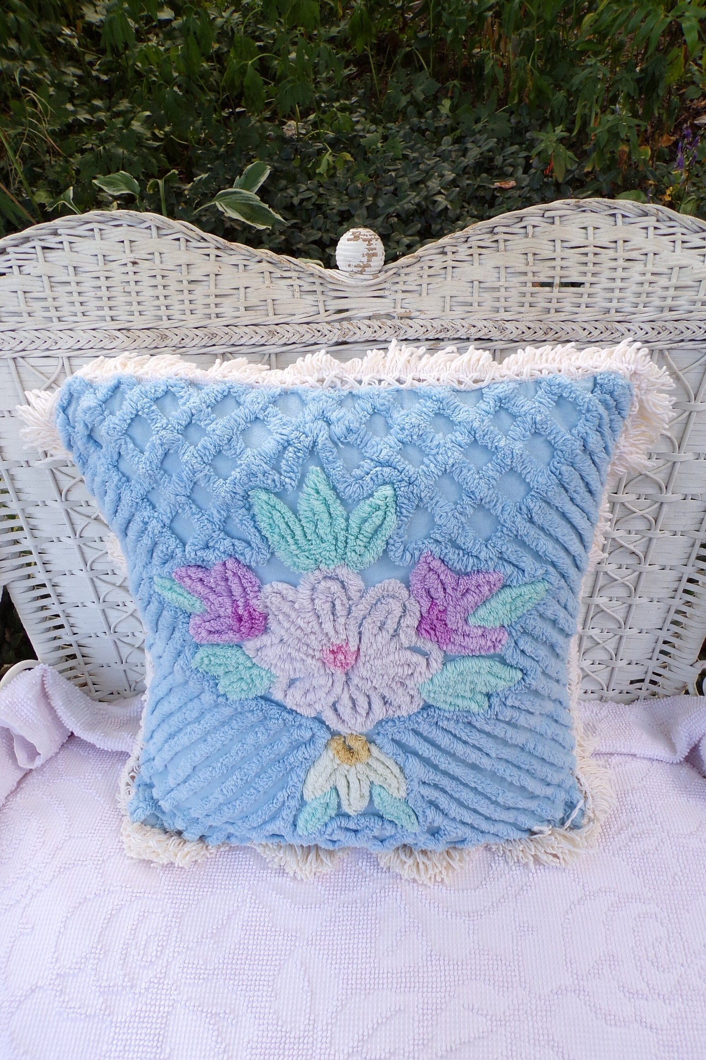 Cottage Blue Floral Chenille Pillow Cover 17" x 17" inch Square, REVERSIBLE Accent Fringe Pillow from Vintage Chenille Bedspread Fabric