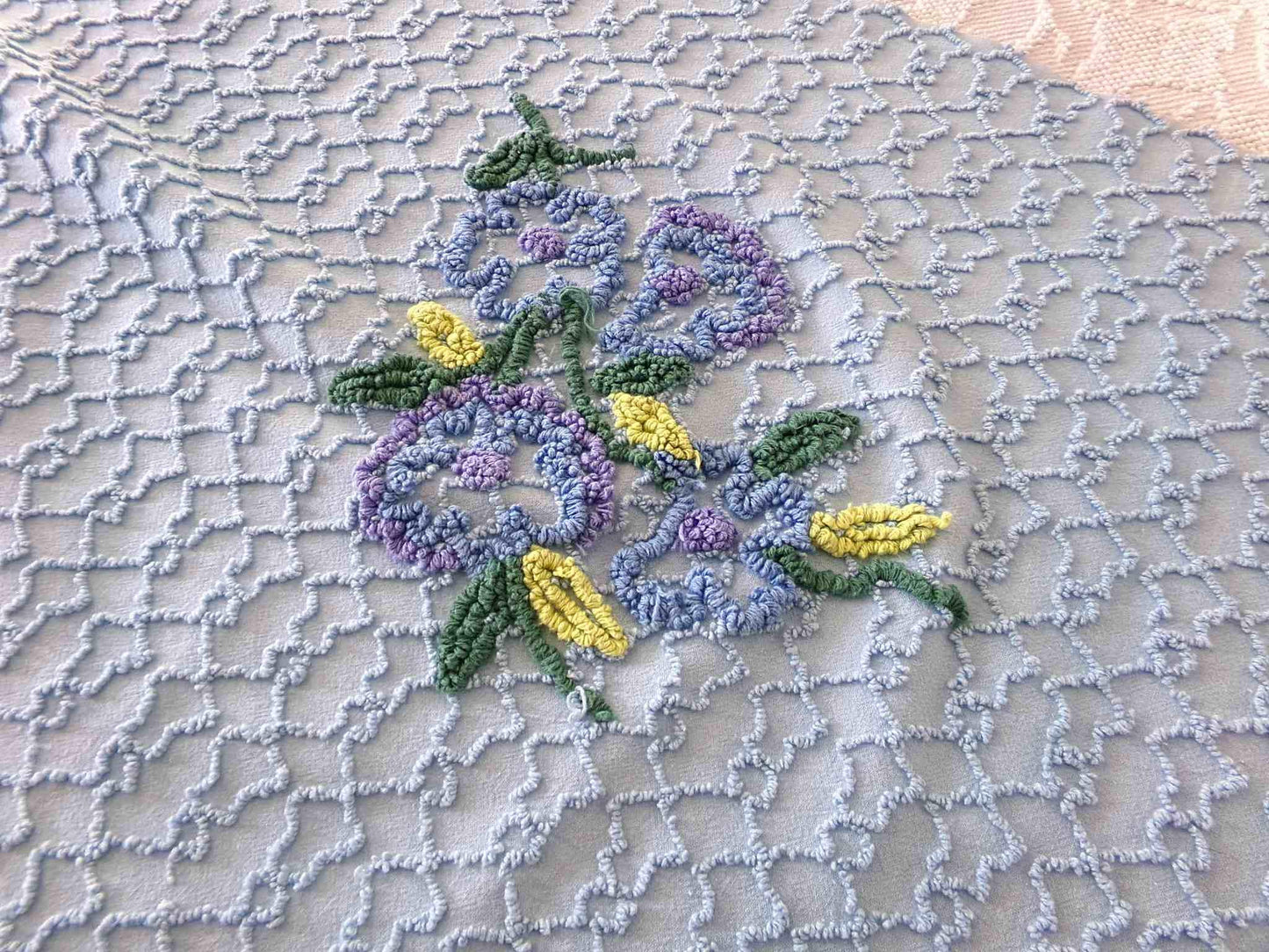 Evening Blue Floral Vintage Chenille Fabric in Chain Link Design with Tufted Flowers, 27" x 18" inch Piece, 100% Lightweight Cotton Material
