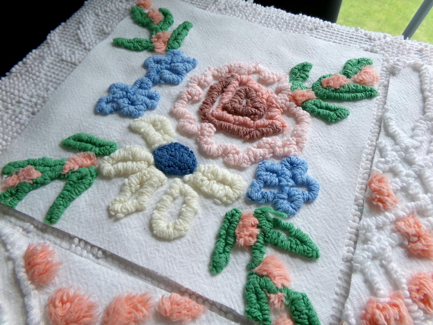 cottage chic chenille fabric squares, set of 8 vintage 7.5" quilt blocks, peach, white rose floral & geometric for sewing, crafts, quilting