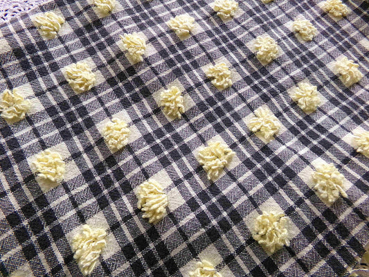 unique black plaid vintage chenille fabric, 18" x 24" piece of sewing material w/ yellow pops