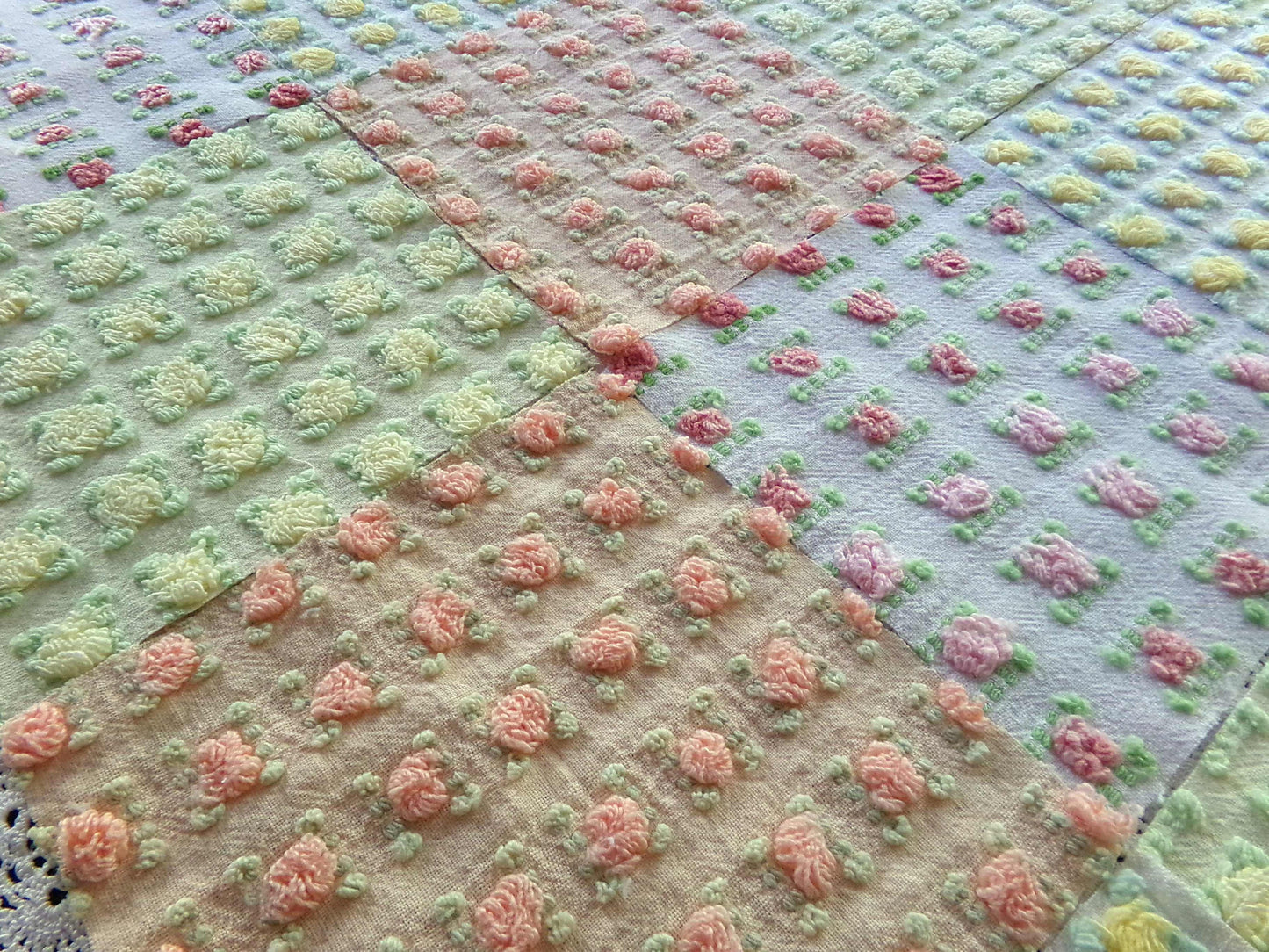 Sunrise Rosebud Chenille Quilt Squares Set, from Vintage Bedspread Fabric, 16 Blocks, 6" inch, in Yellow, Peach, & Ombre Pink Roses