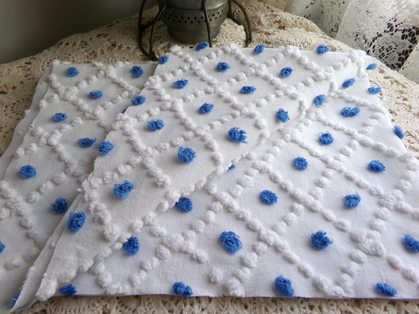 blueberry & white snowdrop pops chenille fabric, 18" x 26" inch piece of vintage sewing material for quilting, crafts