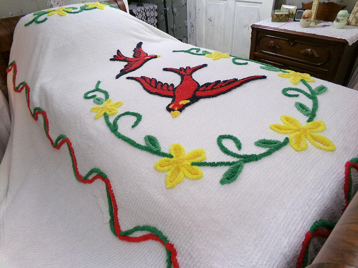 wings of love vintage chenille bedspread, majestic red cardinal birds in a garland of flowers, 100% soft cotton coverlet, full size bedding