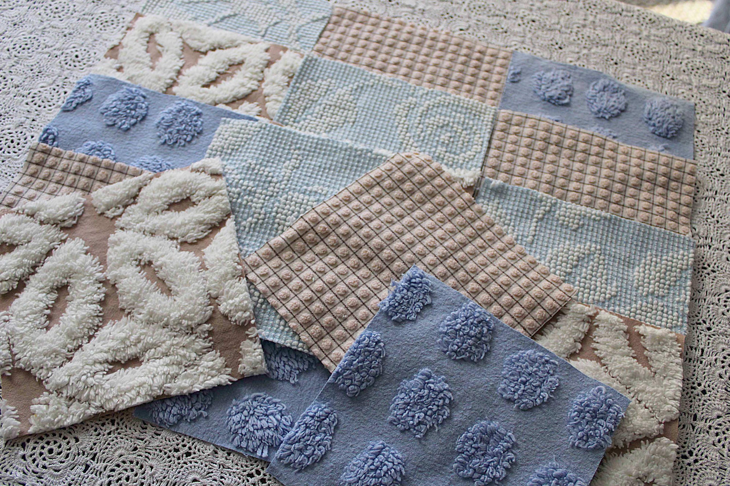 Beach Walk Vintage Chenille Fabric Squares, Blue, White & Sand Craft Square Set, 16 Blocks, 6" x 6" inch, Modern Chic