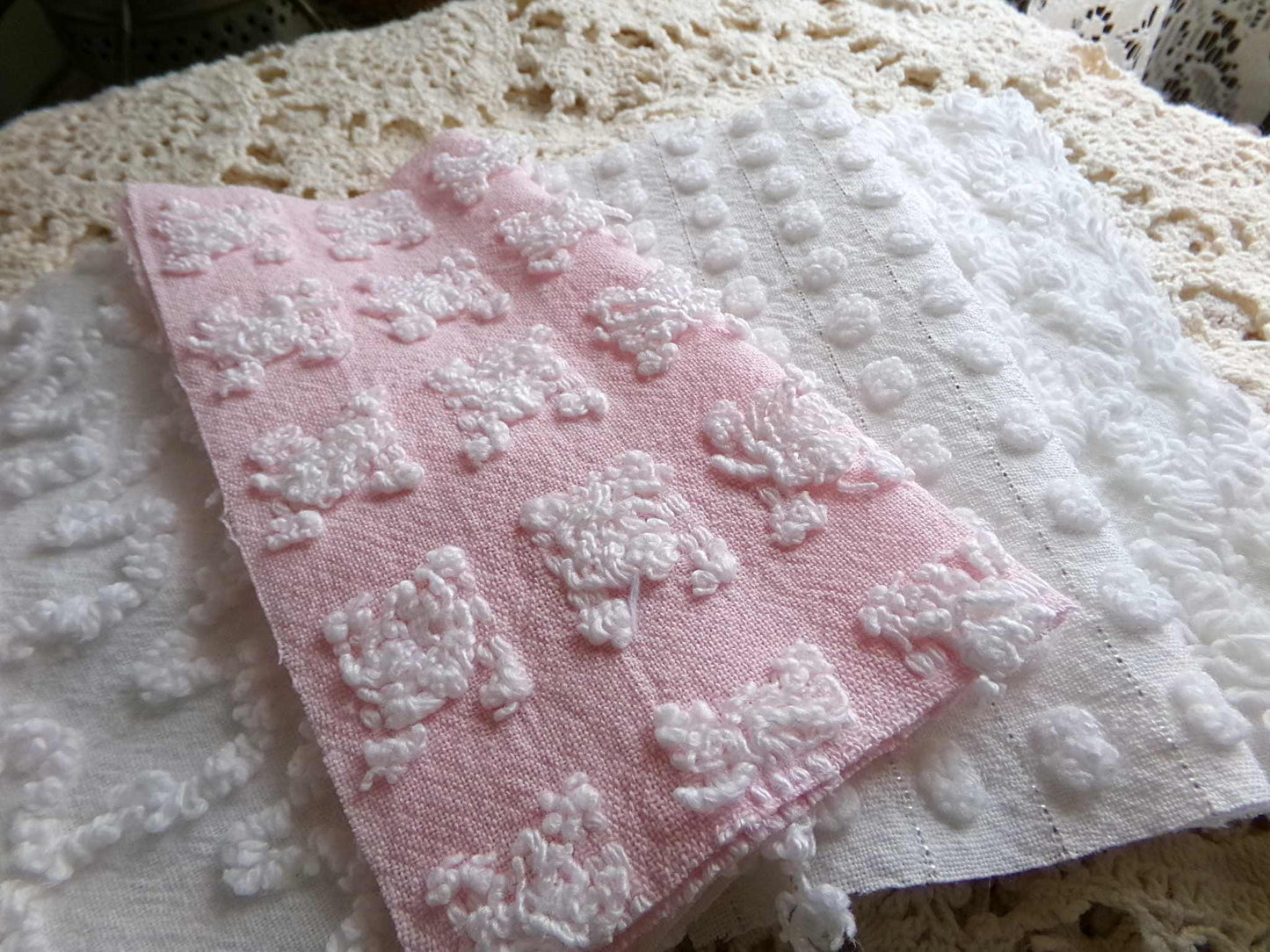 angel feathers chenille fabric squares, pink & white rosebud, lattice, dots, squiggles, vintage square set of 16 quilt blocks, 6" x 6" inch