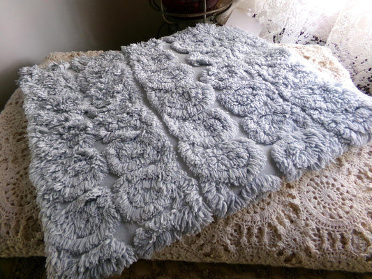 plush looping curlicues vintage chenille fabric, 21" x 24" cut piece in dreamy dusty blue, soft & so pretty
