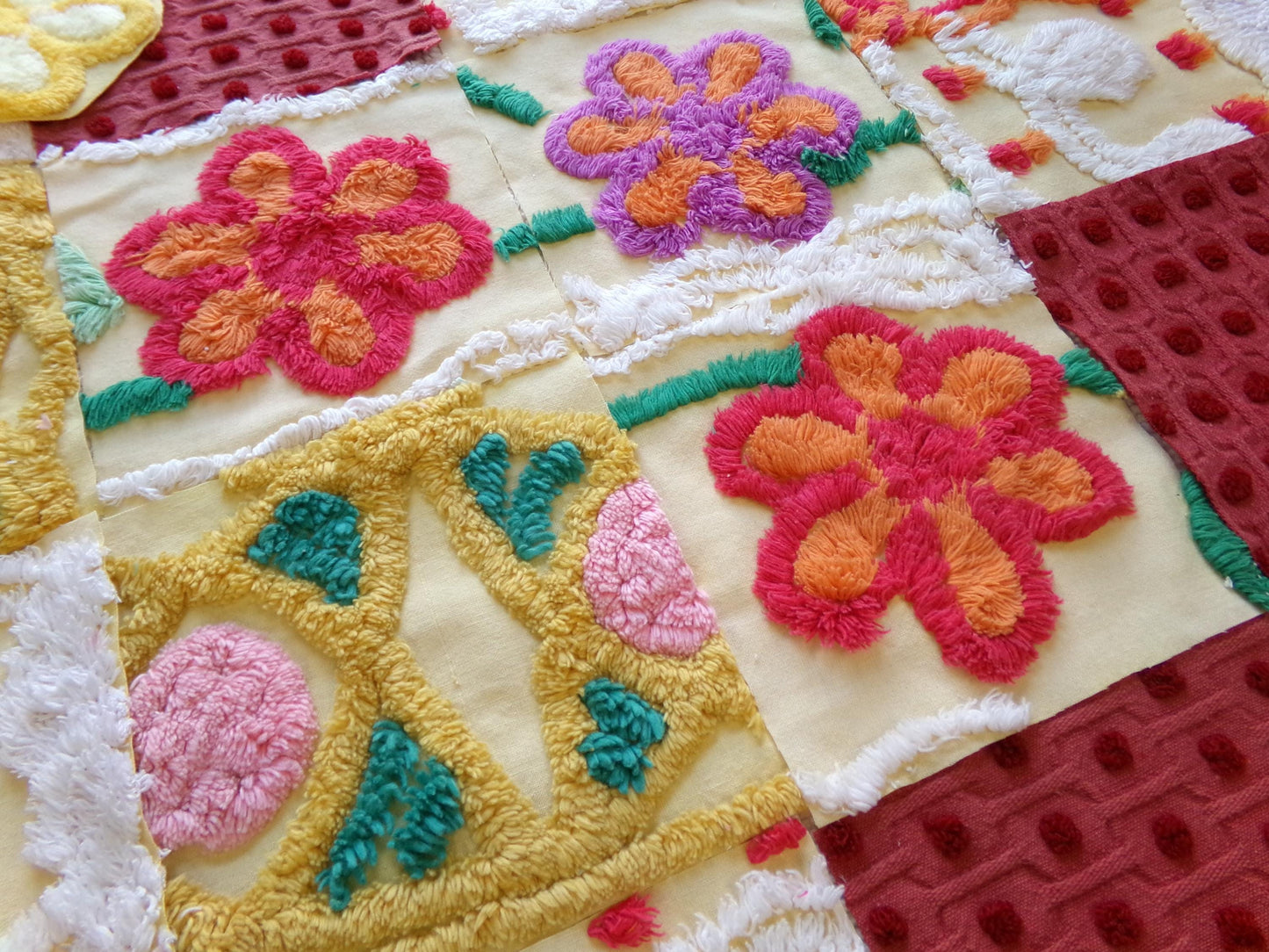 16 vintage 6" chenille fabric squares, set of yellow red quilt blocks, roses & sunshine