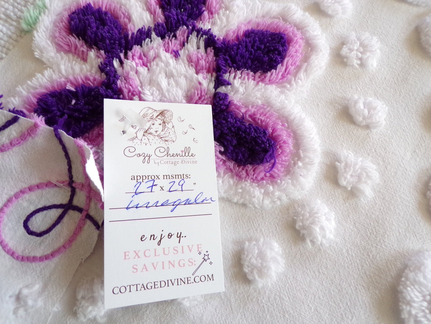 Lilac Blooms Vintage Chenille Fabric Piece, 27" x 29" inches, Lovely in Pillows & Quilts