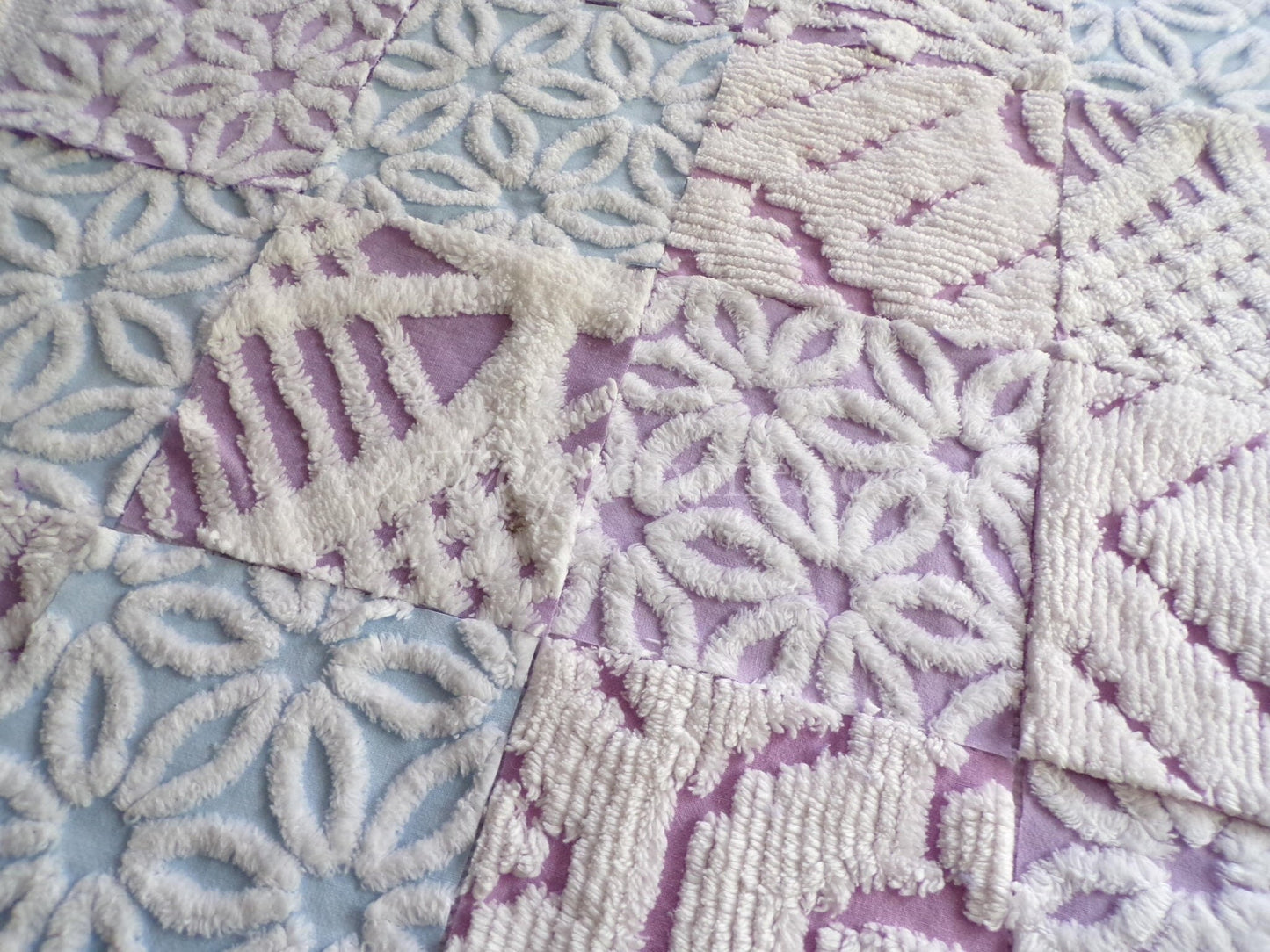 Peaceful Dreams Chenille Fabric Squares Set in Lilac, Blue & White, 16 Vintage Rotary Cut Quilt Blocks, 6" x 6" inch