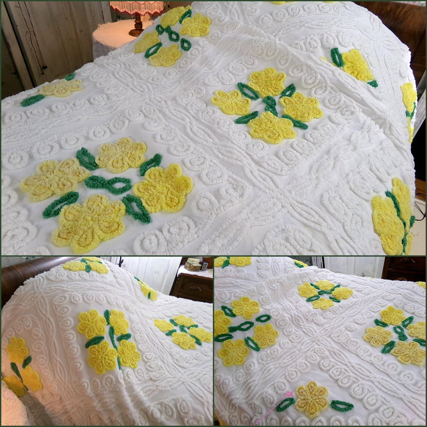 daffodil yellow flowers on white swirls vintage chenille bedspread with accent fringe, full size cottage style bedding