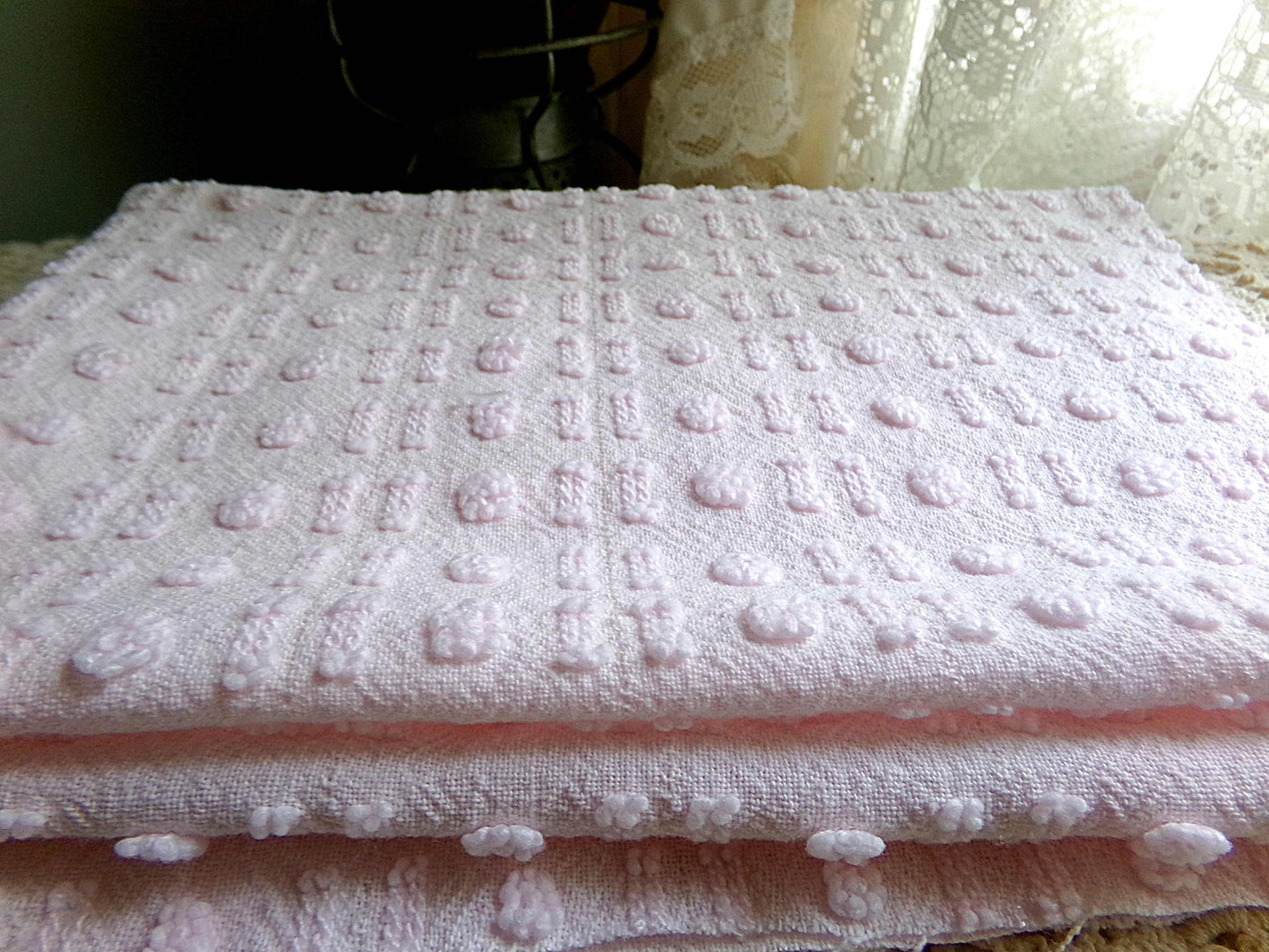 Pink Wink Vintage Chenille Fabric, Cute Tiny Dot Dash Pattern, 18" x 24" inch Piece, for Sewing Material