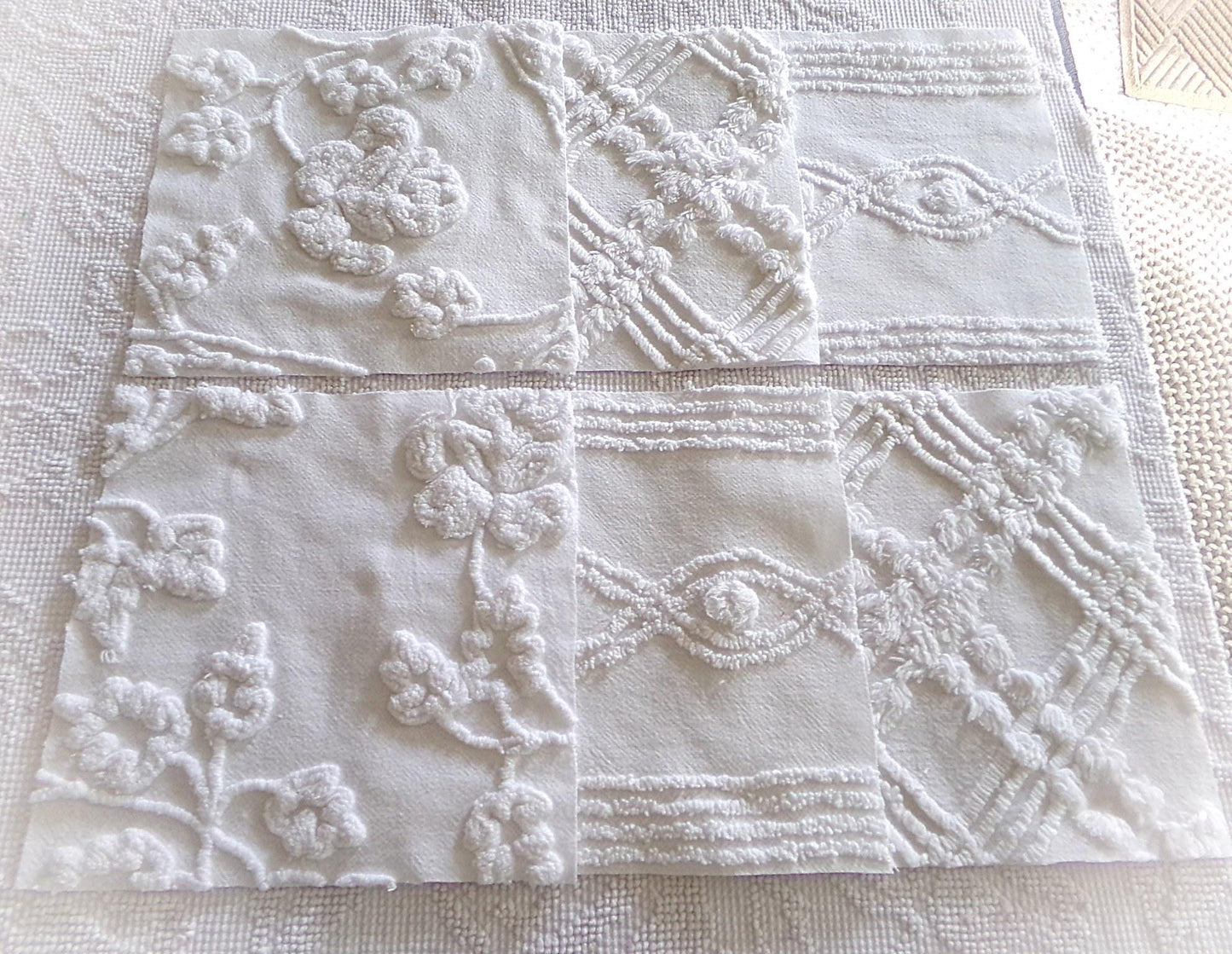white 9.5" chenille fabric squares, set of 6 large quilt blocks, neutral rose & geometric prints for sewing, crafts