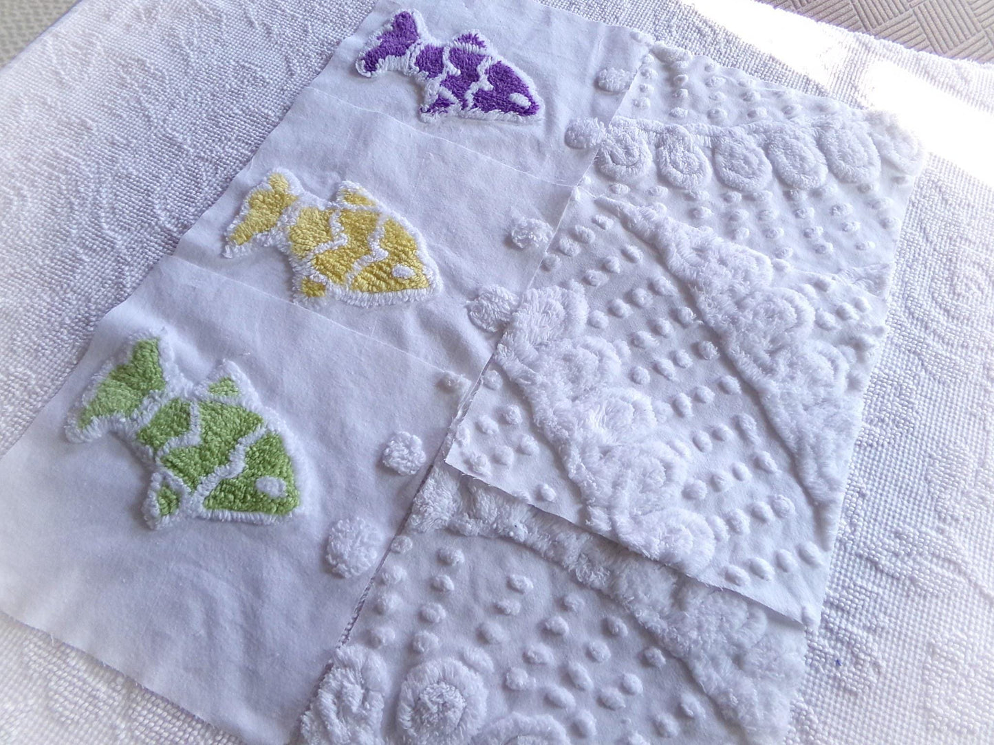 school of fish chenille fabric squares, set of 6 large 9.5" square quilt blocks, fun fishies & plush white swirl dots