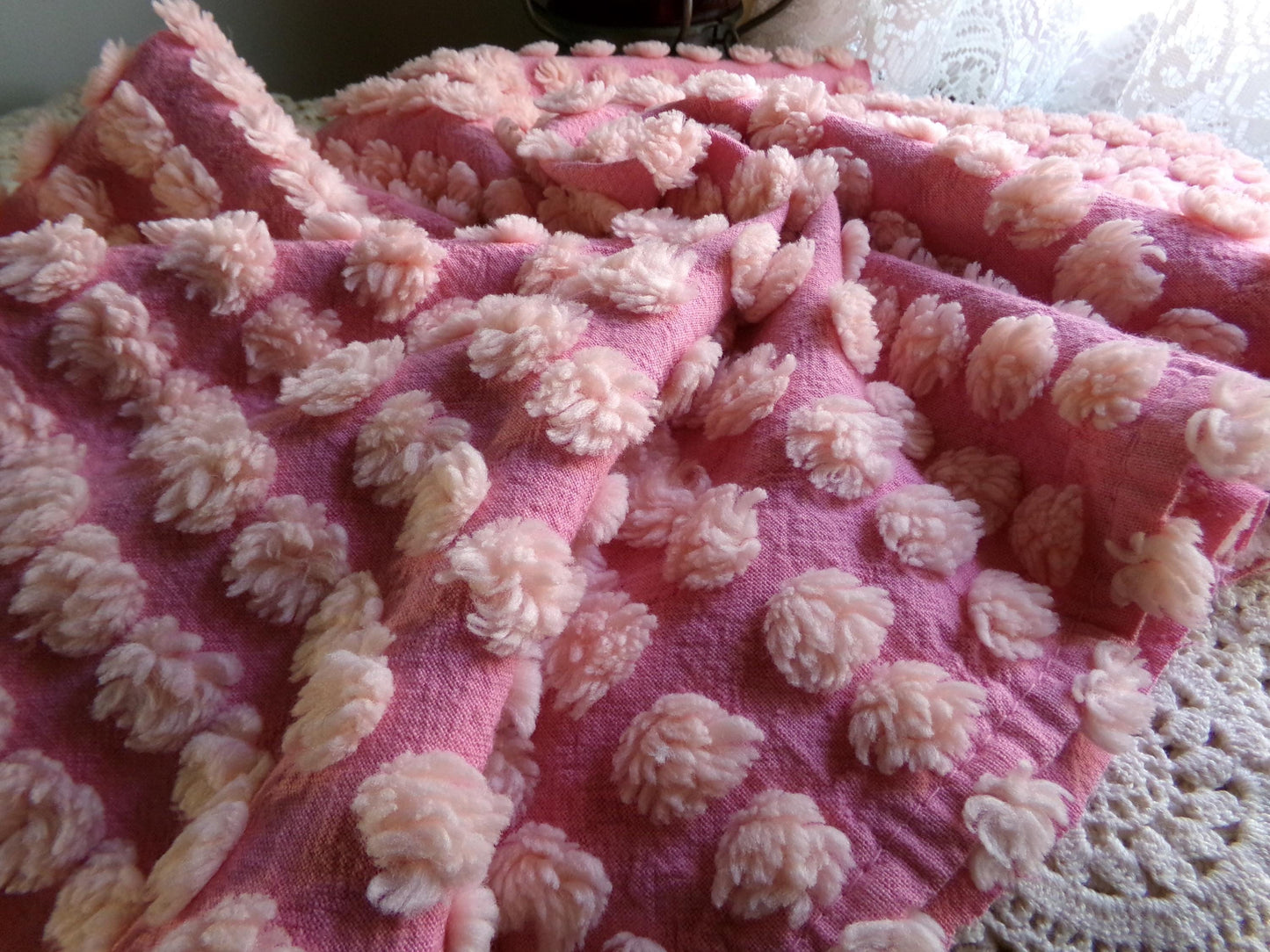 fluff puff pops chenille fabric, cute oversize bobbles on pink rose, 20" x 30" inch piece great for chenille quilts & sewing projects