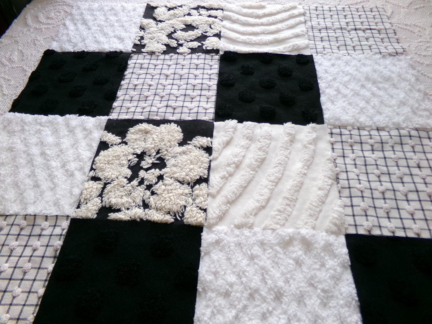 trendy tuxedo b&w chenille fabric squares, set of 16 vintage black and white quilt blocks 6" ea, great textures for crafts, quilting