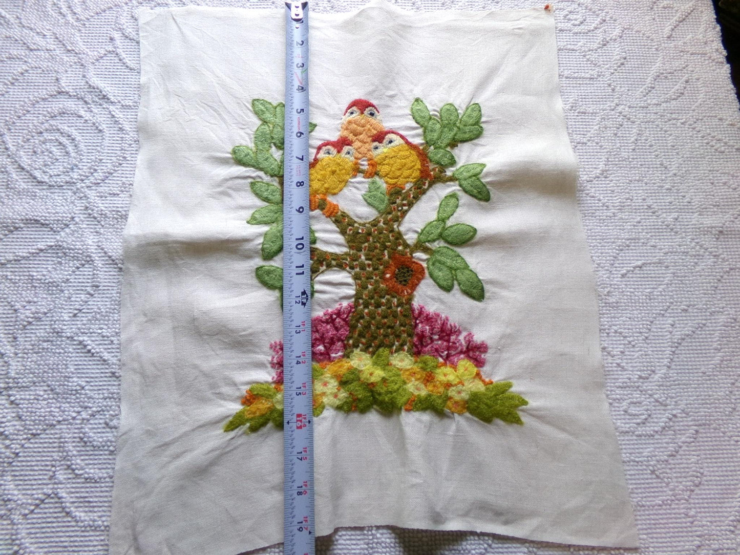 Hippie Fairytale Owl Embroidery Finished 1970s Piece, "Winkin, Blinkin & Nod," Cute Completed Paragon Crewel Stitchery 02236x, 16" x 19"