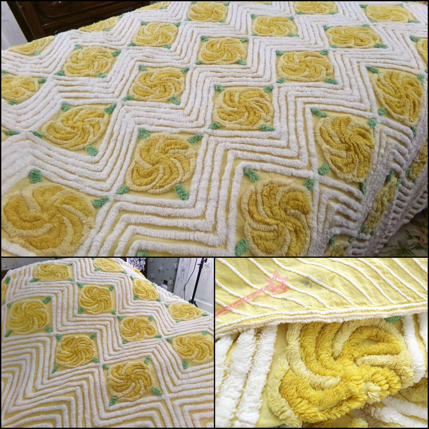 golden rose vintage chenille bedspread, plush pinwheel yellow cabbage rose design, full size cotton bedding