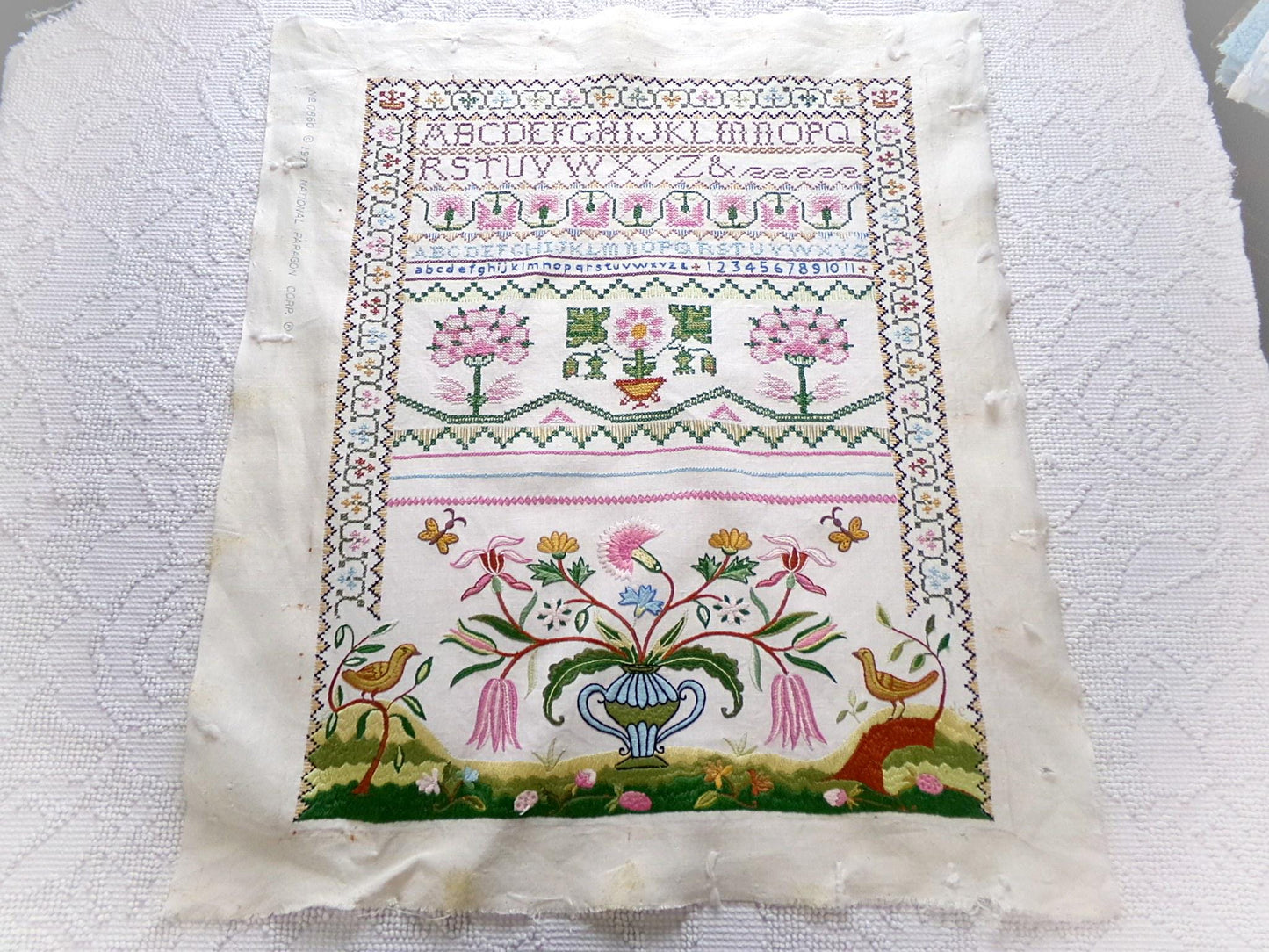 Shabby Vintage Linen Embroidery Sampler, Jacobean 1773 Cooper Hewitt Museum, 0860 Paragon Stitchery, Hand Embroidered, Completed