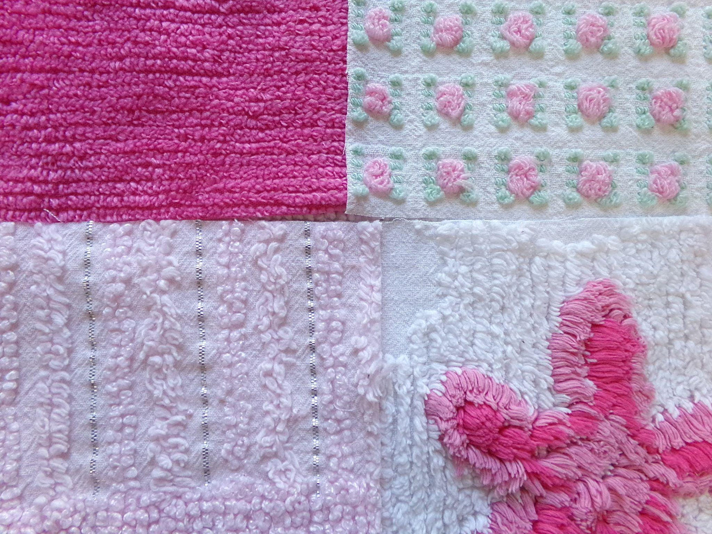 fun pink vintage chenille fabric squares, set of 16 quilt blocks 6" each geometric & flowers for crafts, sewing