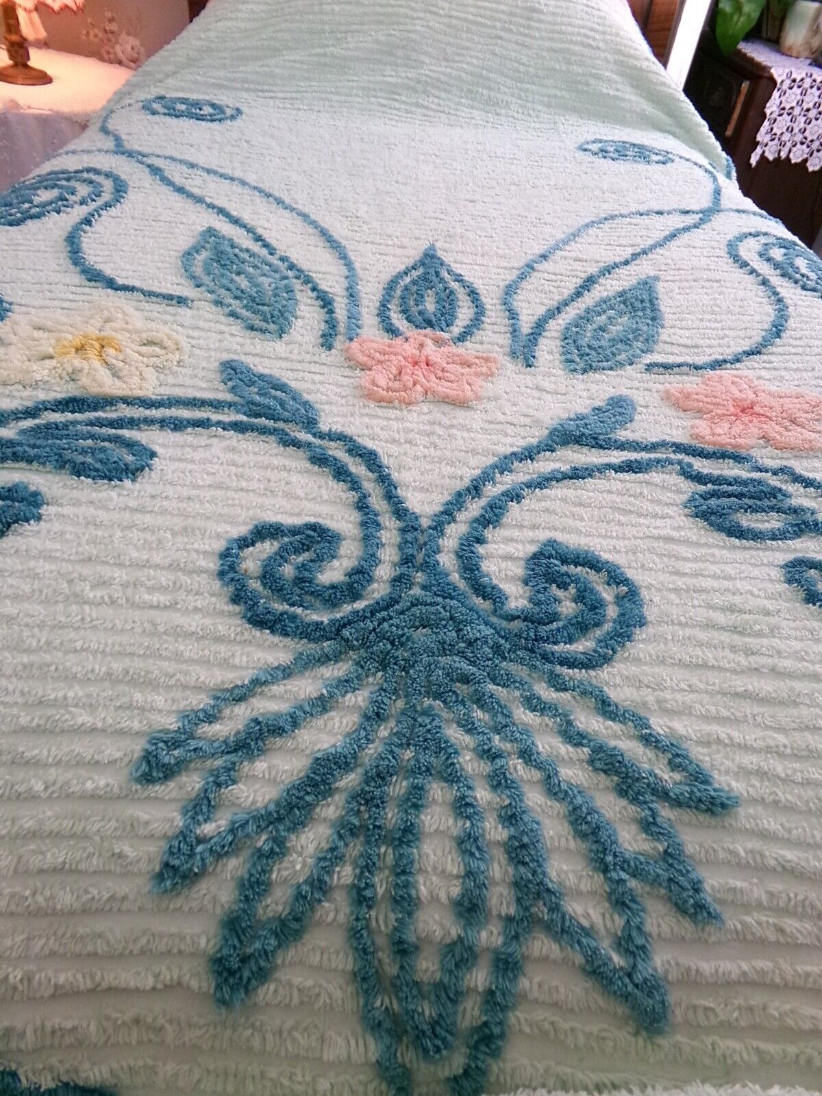 Mint Green Vintage Full Chenille Bedspread Midcentury Sprawling Scroll Floral Design