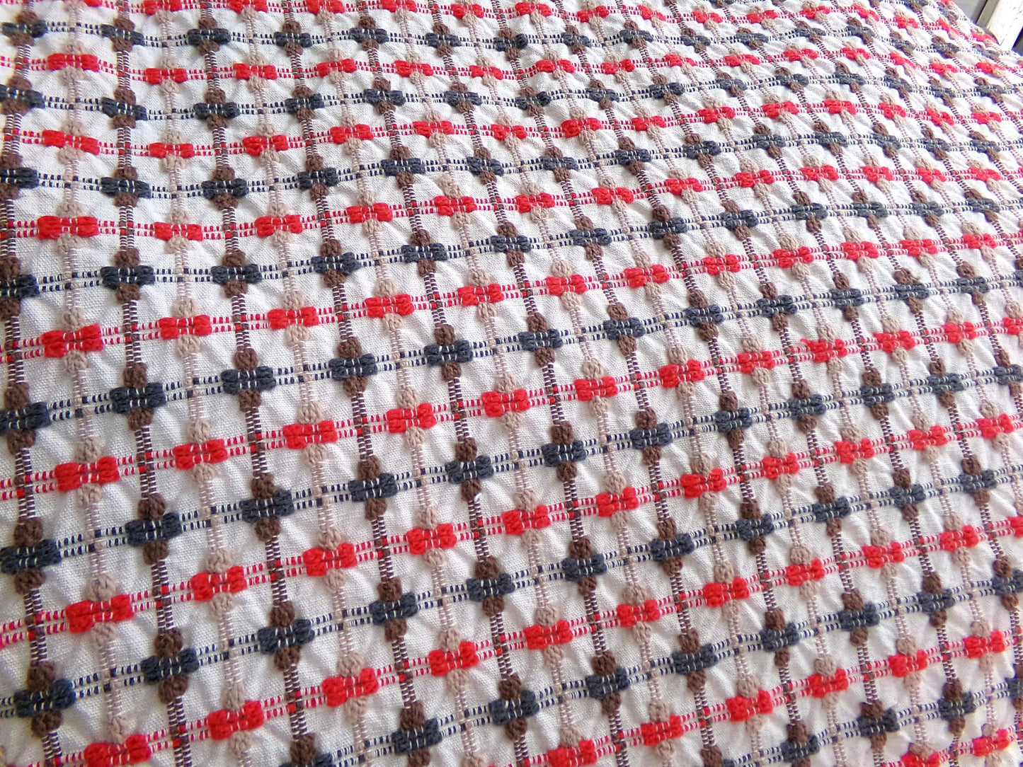 little bow tie vintage woven fabric w/ intersecting chenille cross ties in red, charcoal, mocha & brown, 20" x 24" cut piece sewing material