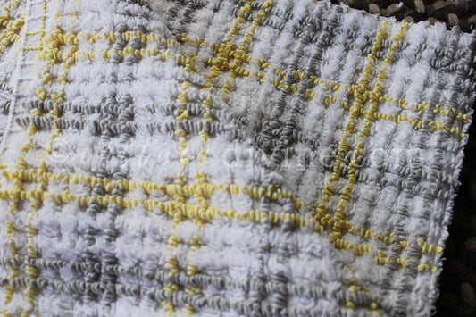 Stormy Grey, Sunny Yellow Plaid Vintage Chenille FABRIC PIECE, 17" x 26" inches, Cabin Crafts Texturized Contrast Needletufting