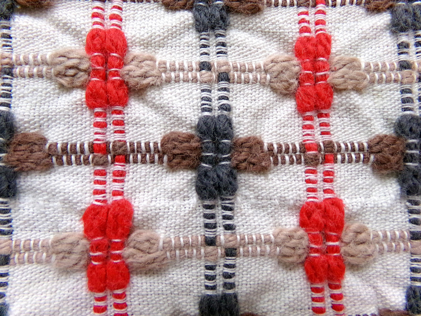 little bow tie vintage woven fabric w/ intersecting chenille cross ties in red, charcoal, mocha & brown, 20" x 24" cut piece sewing material