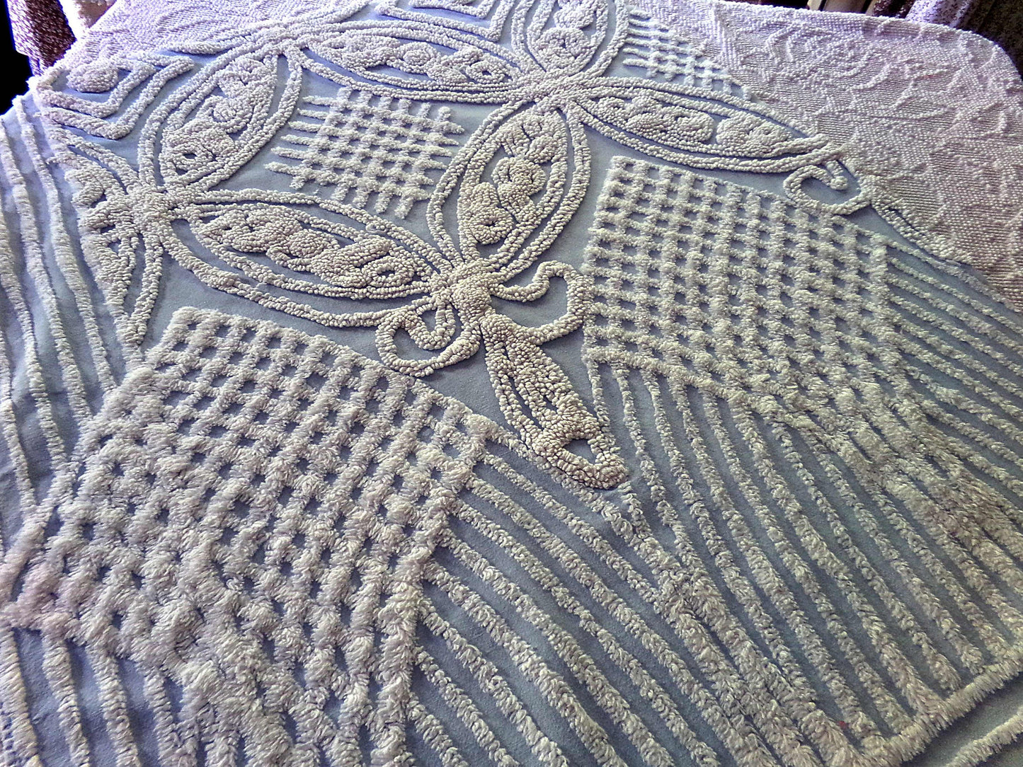 Shabby Chic Vintage Fabric, Porcelain White Rose Floral Chenille on Cloud Blue Cotton, 24" x 30" inch Piece, So Pretty in Pillows & Quilts