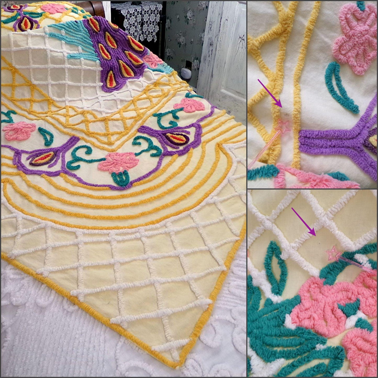 Grand Perched Peacock in a Garden Vintage Chenille Bedspread, Exotic Art Deco Dramatic 1940s Design, Full Size Lightweight Cotton Coverlet