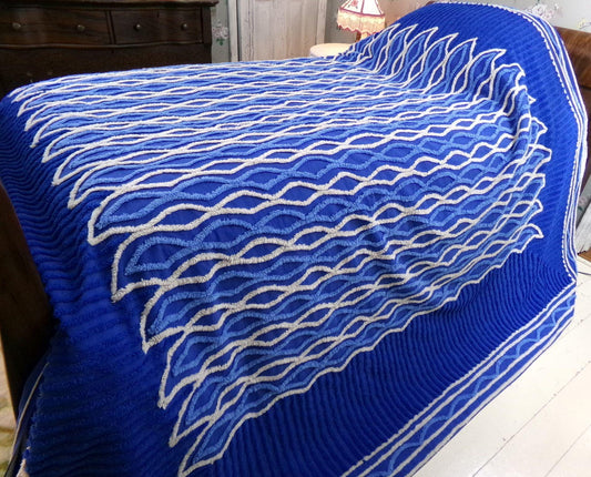 blue flame vintage chenille bedspread, dramatic unique geometric design, full size cotton bedding