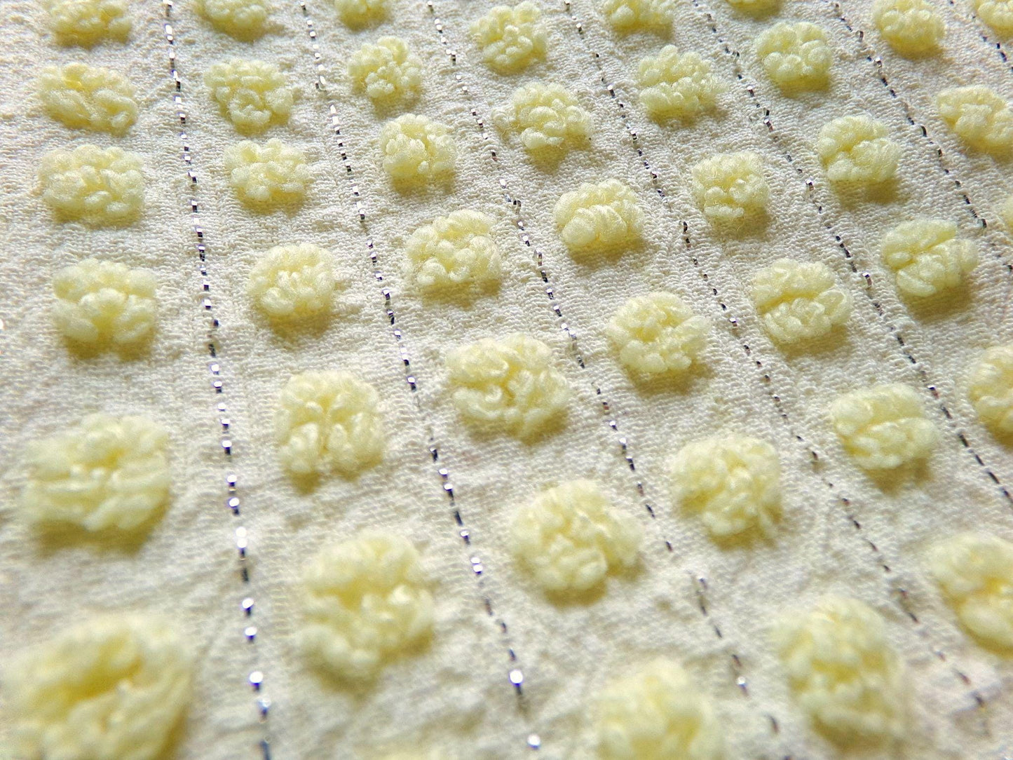 cheery cute yellow pops vintage chenille fabric, nubby dots & silver lurex, 18" x 24" cut piece of sewing material for quilting, crafts
