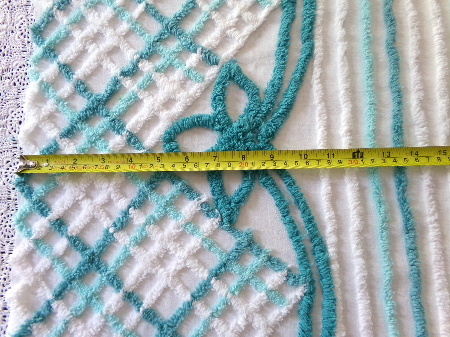 Cute Green Bows Vintage Chenille Fabric, 22" x 28" inch Piece, 100% Cotton, Midcentury Tonal Teal & White