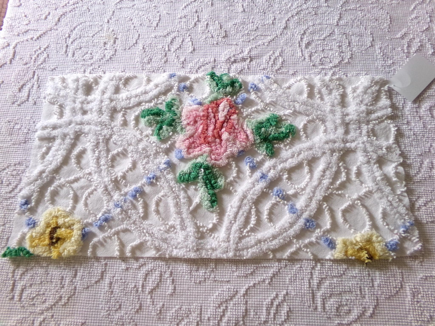 pretty pink rose fabric piece, vintage floral chenille cottage shabby sewing material, 11" x 22" inches