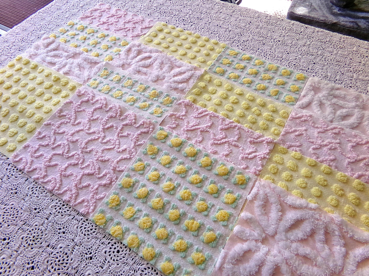 Spring Dance Chenille Quilt Squares, Cheerful Craft Square Set from Vintage Bedspread Fabric, 16 Blocks, 6" x 6" inch, Pink & Yellow