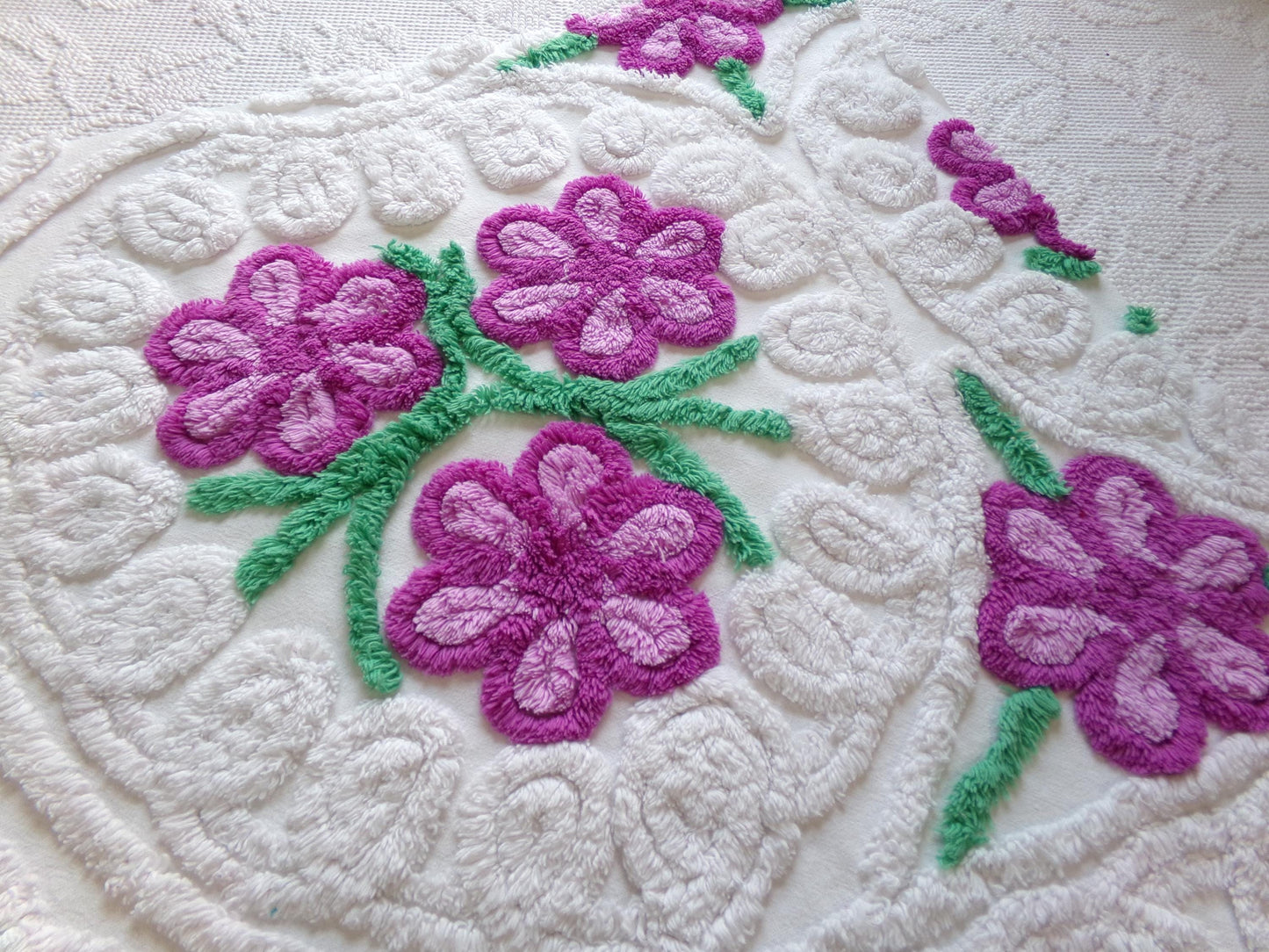 Whimsical Violets Vintage Chenille Fabric, 18" x 20" Inch Piece Plush White Cotton Sewing Material, Great for DIY Pillow