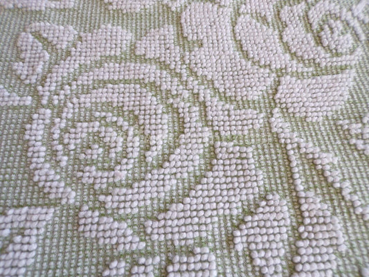 Sage Green Creamy White Cabbage Rose Chenille Fabric, 19" x 23" inch Piece, Vintage Fieldcrest Reversible Hobnail Design, Durable & Strong
