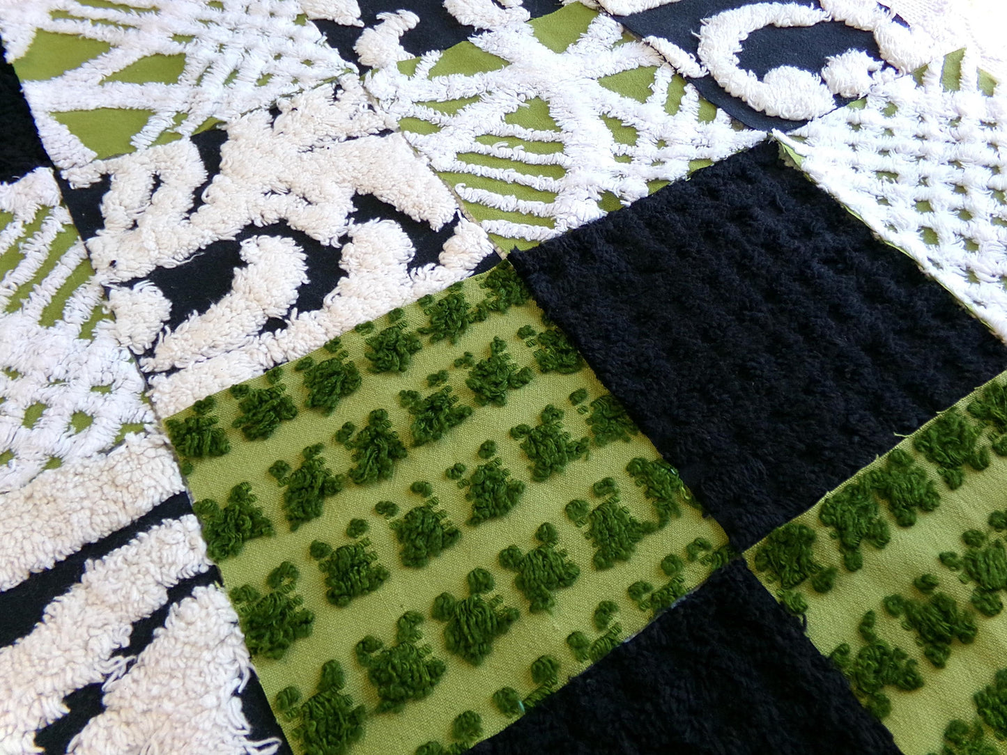 goblin green & black vintage chenille fabric squares, set of 16 boho 6" quilt blocks for crafts, sewing, diy pillow covers