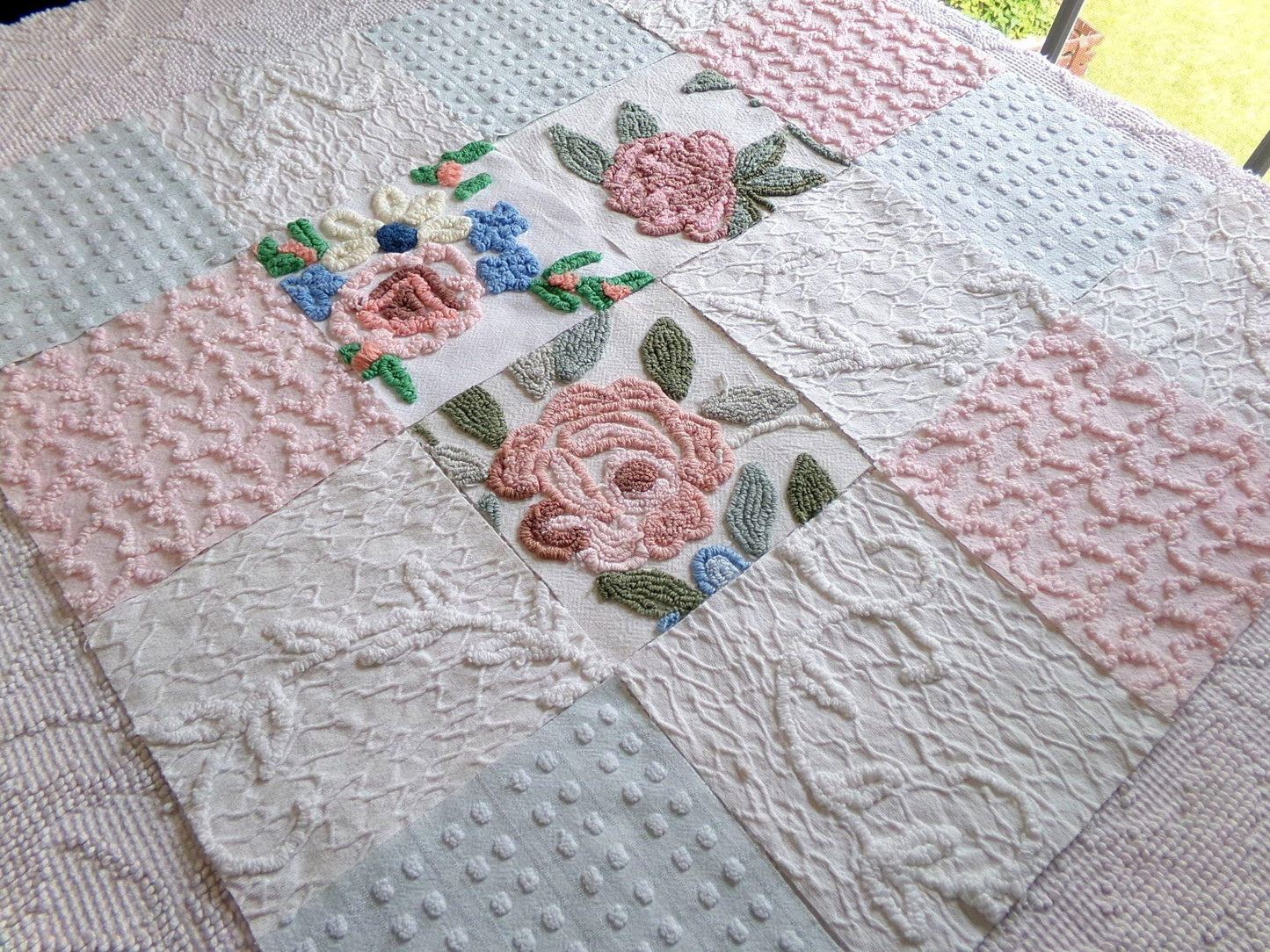 garden beauties vintage 6" chenille squares, set of 16 quilt blocks rotary cut from lovely vintage chenille & matelasse bedspread fabrics