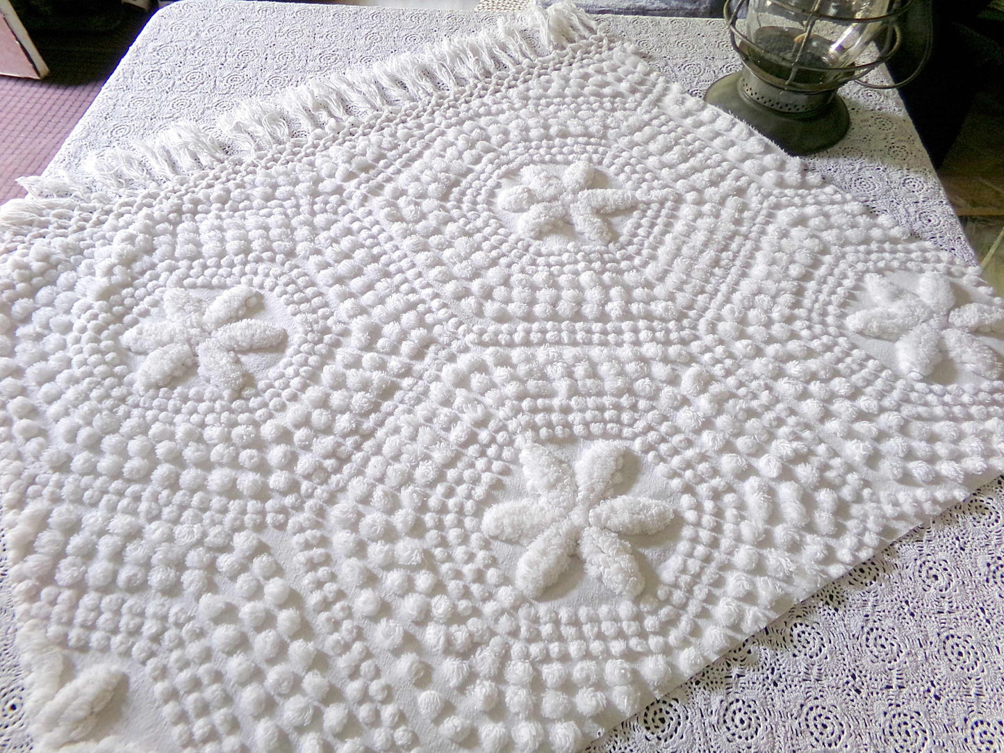 star mist white vintage chenille fabric, coastal 3D radiating starry pop motifs, 21" x 26" cut piece with fringe for pillows handmade quilts