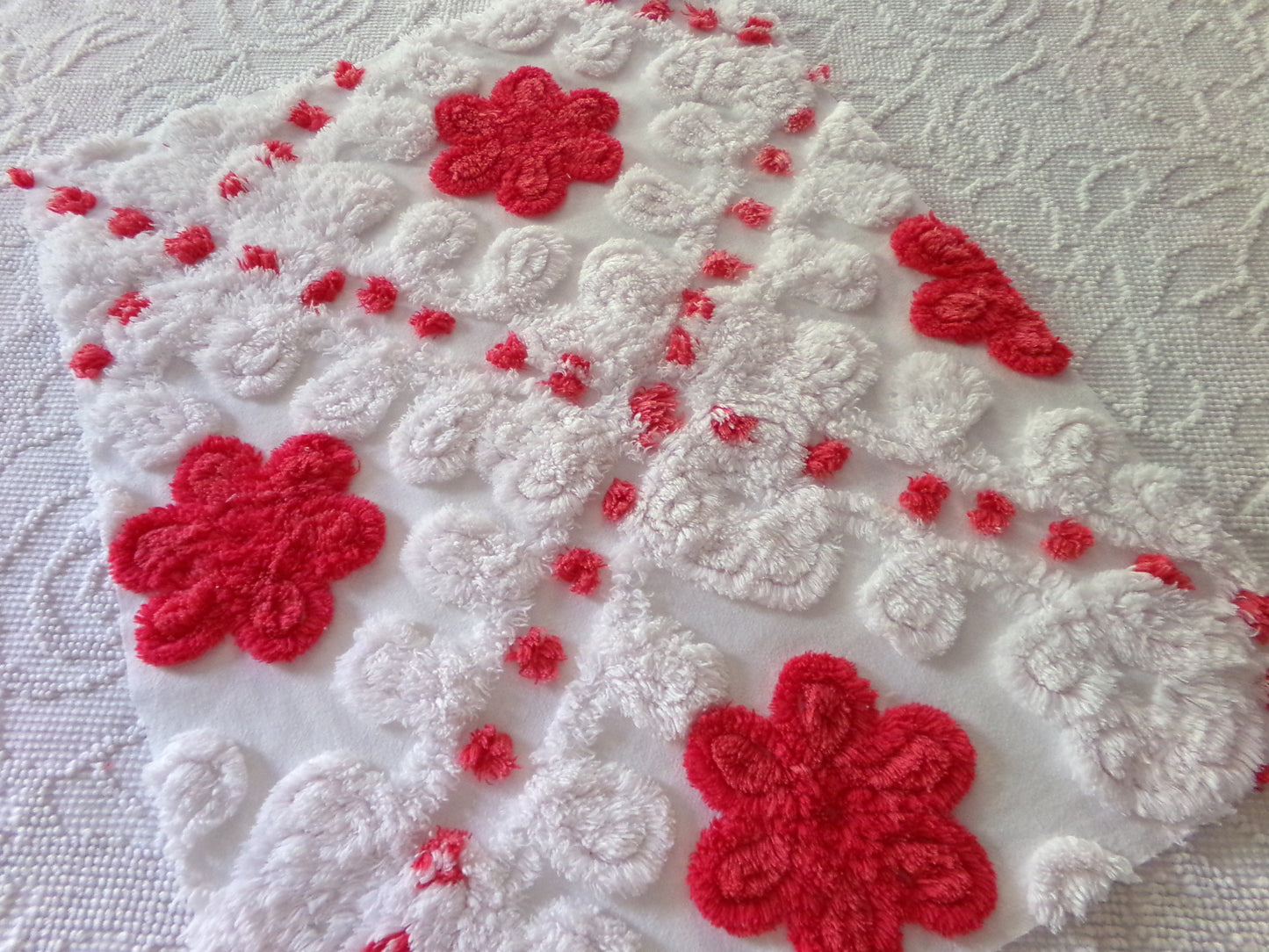 Sweet & Shabby Red Flowers Vintage Chenille Fabric, 16" x 20" Inch Piece, Frosty White Plush Swirls, Fun in Festive Crafts