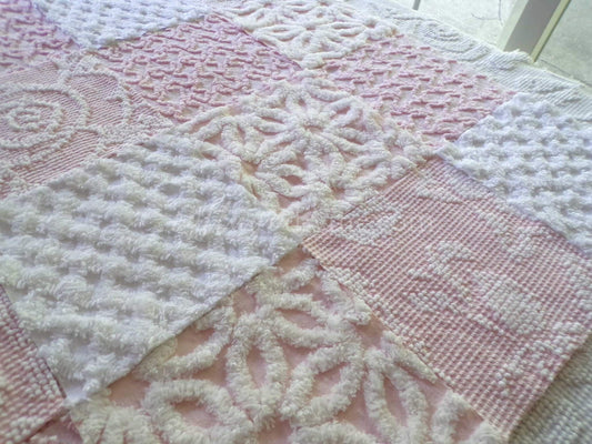 Pastel Pink & White Quilt Squares Set, Rotary Cut from Vintage Chenille Bedspread Fabric, 16 Blocks, 6" x 6" inch